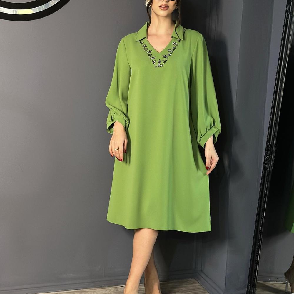 Vneck onepiece dress in green with diamonds forfamilymall