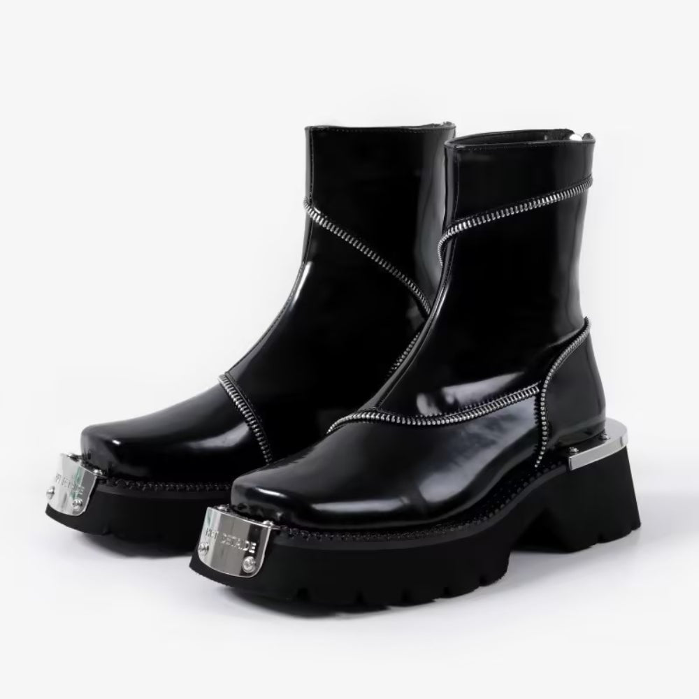 Functional Zipper Shiny Leather Boots