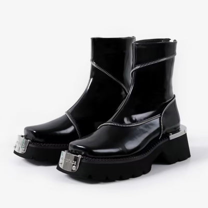 Functional Zipper Shiny Leather Boots