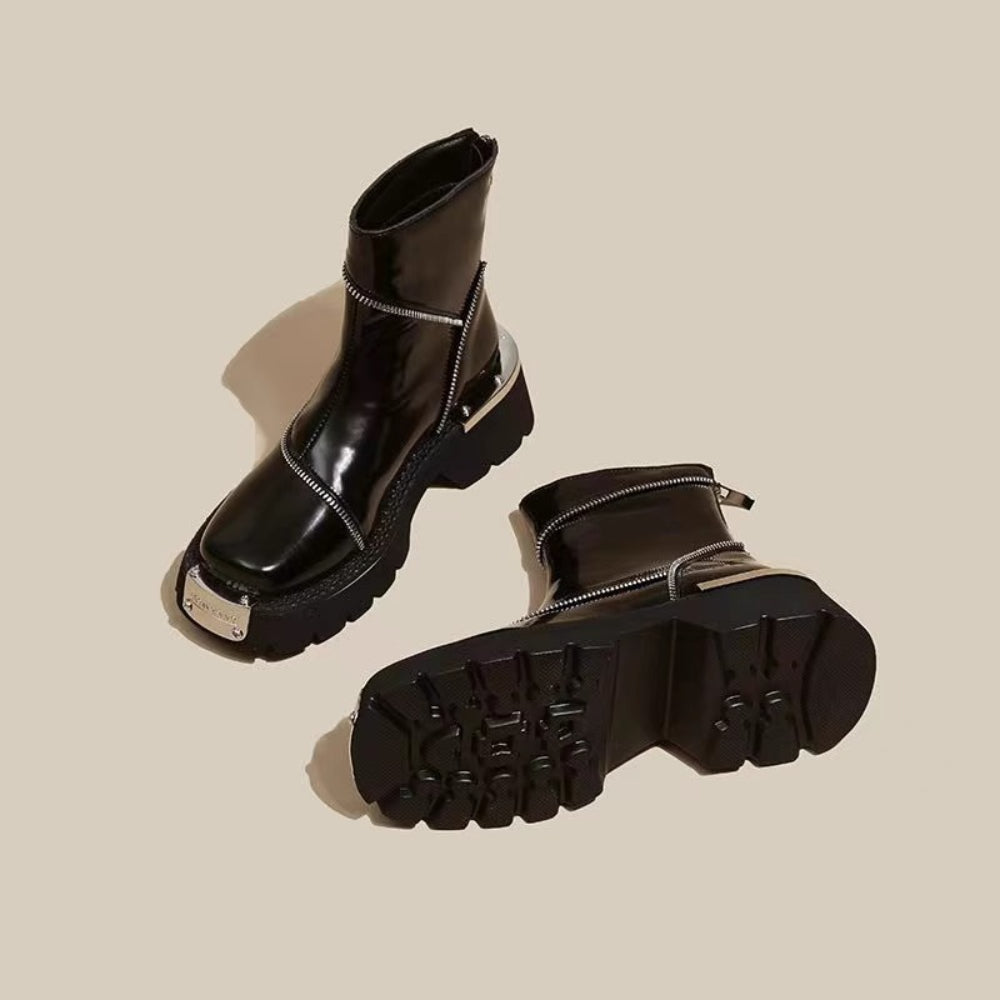 Functional Zipper Shiny Leather Boots