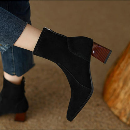 Pointed Toe Chunky Heel Boots Women Suede Mid Calf Boots   <Three🟢⚫️🟡 colors >                                                                               ⏰(New products on sale）