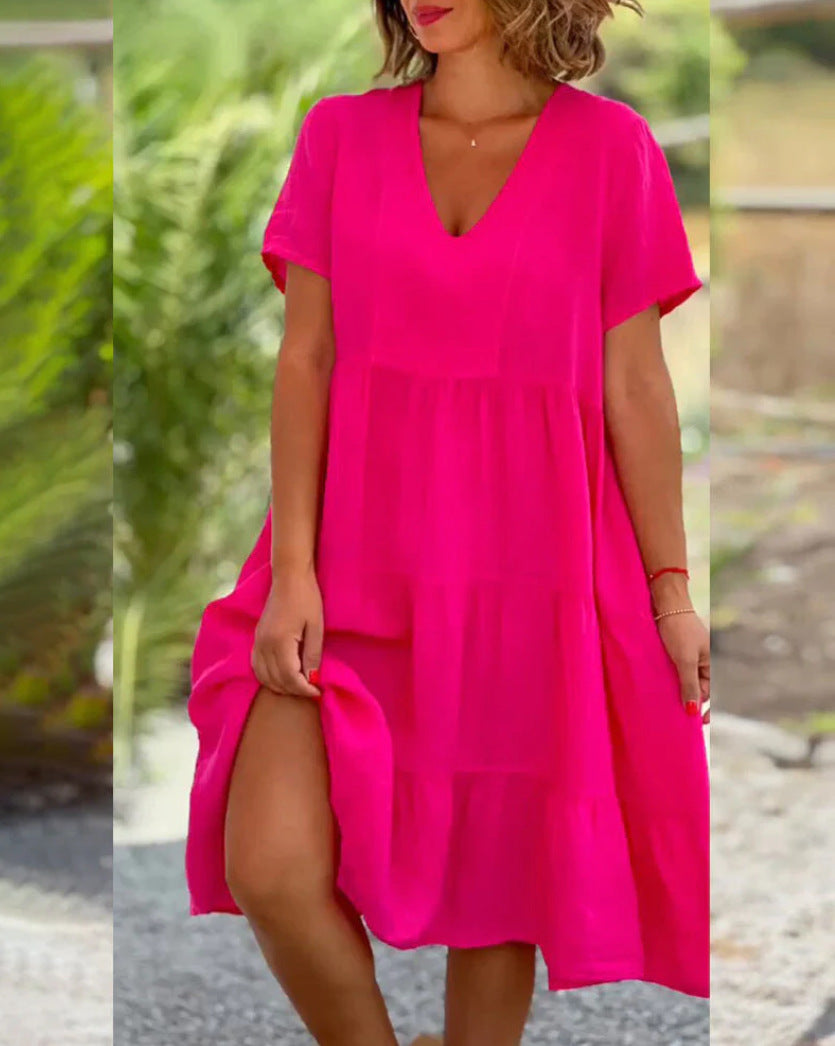 V-Neck Solid Large Swing Dress