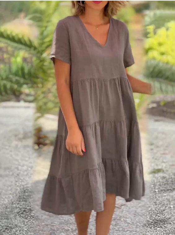 V-Neck Solid Large Swing Dress