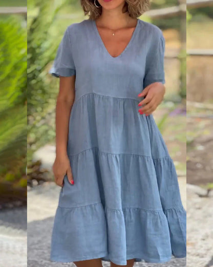 V-Neck Solid Large Swing Dress