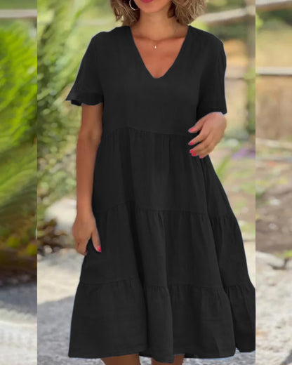 V-Neck Solid Large Swing Dress