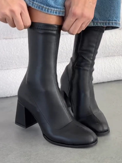 Simple Black Stretch Mid Calf Boots