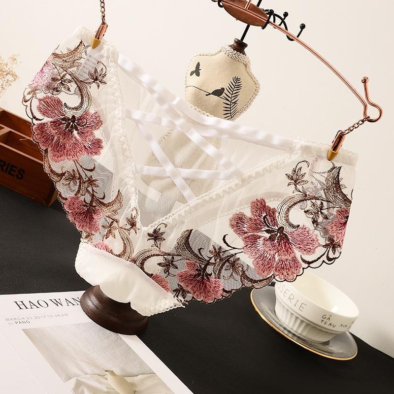 Crossed Webbing Floral Embroidered Lace Gynecological Panties