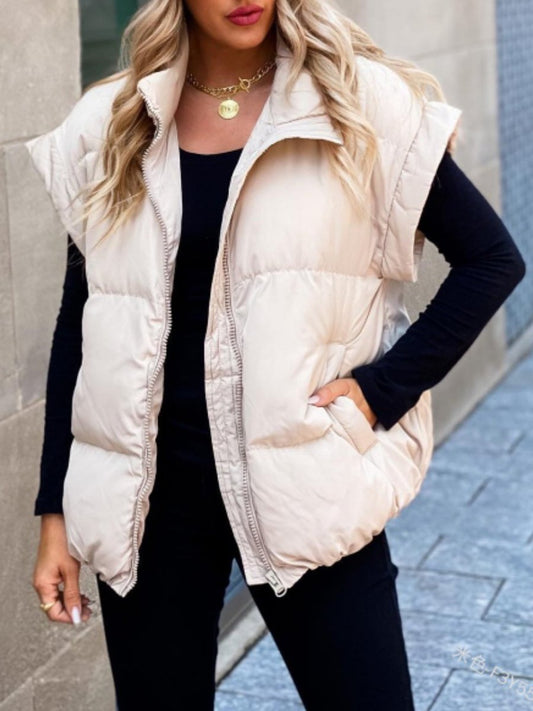 Fashion Stand Collar Solid Zipper Pocket Cotton-padded Jacket Vest  <Eleven Colors>