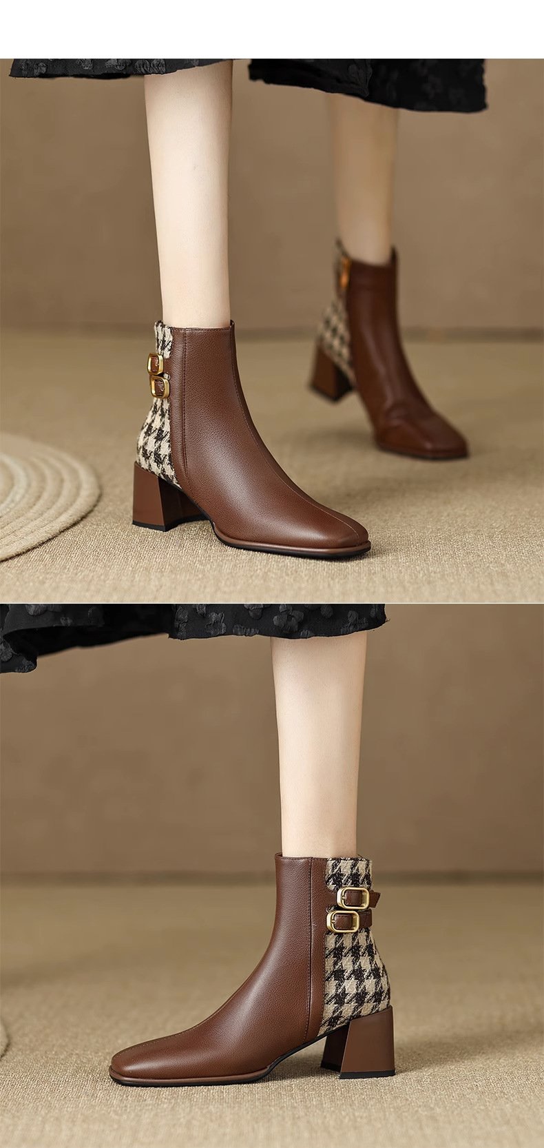 Retro Square Toe French Thousand Bird Check Chunky Heel Martin Boots Belt Buckle Temperament Ankle Boots