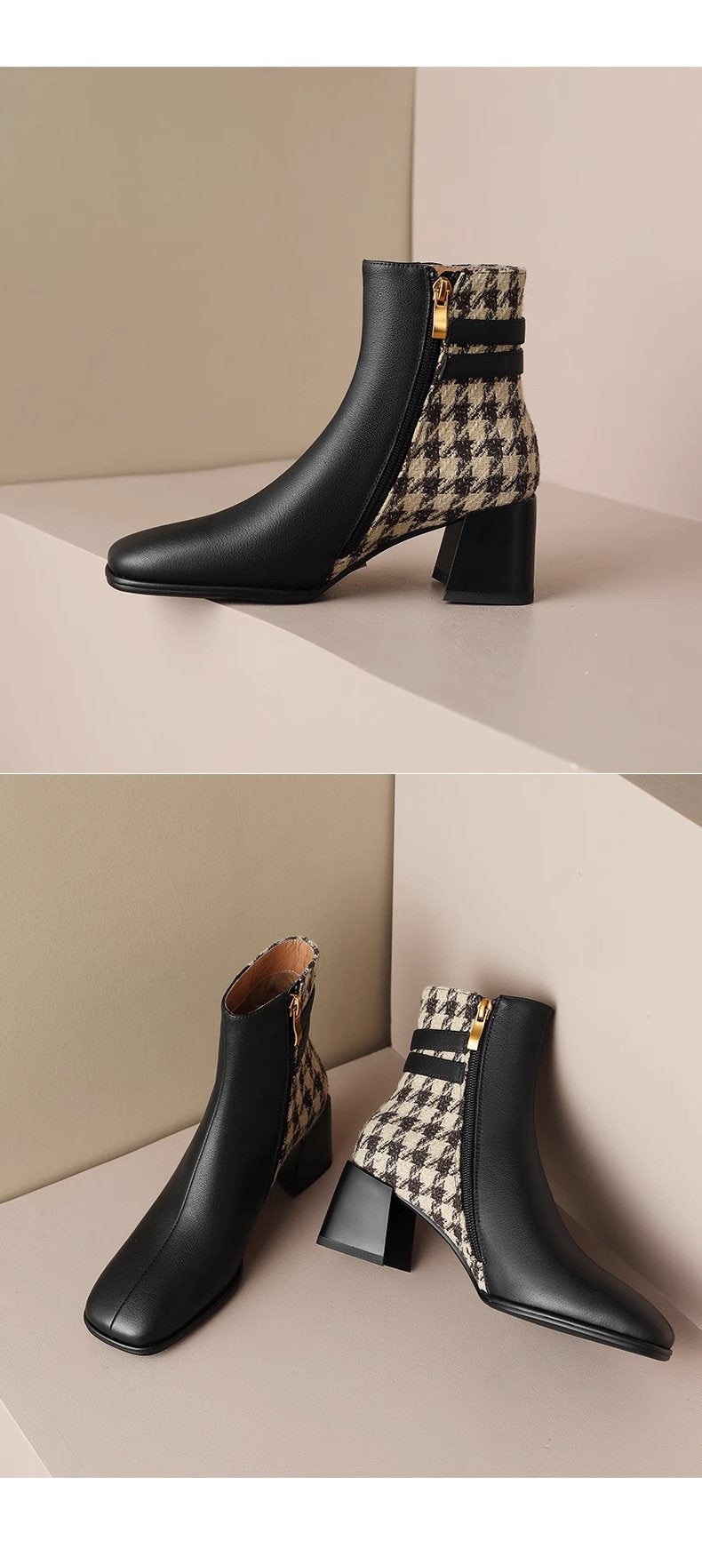 Retro Square Toe French Thousand Bird Check Chunky Heel Martin Boots Belt Buckle Temperament Ankle Boots