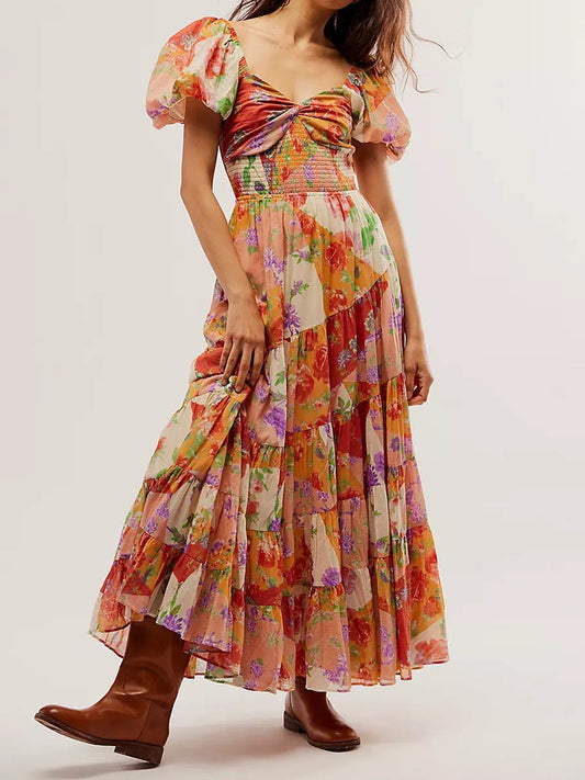 Digital Printed Bohemian Floral Patchwork V Neck Dress