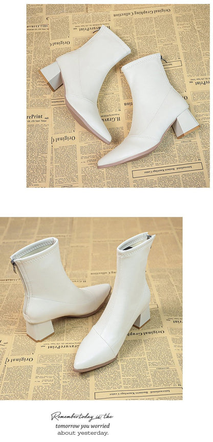 Pointed toe chunky heel short fashion boots