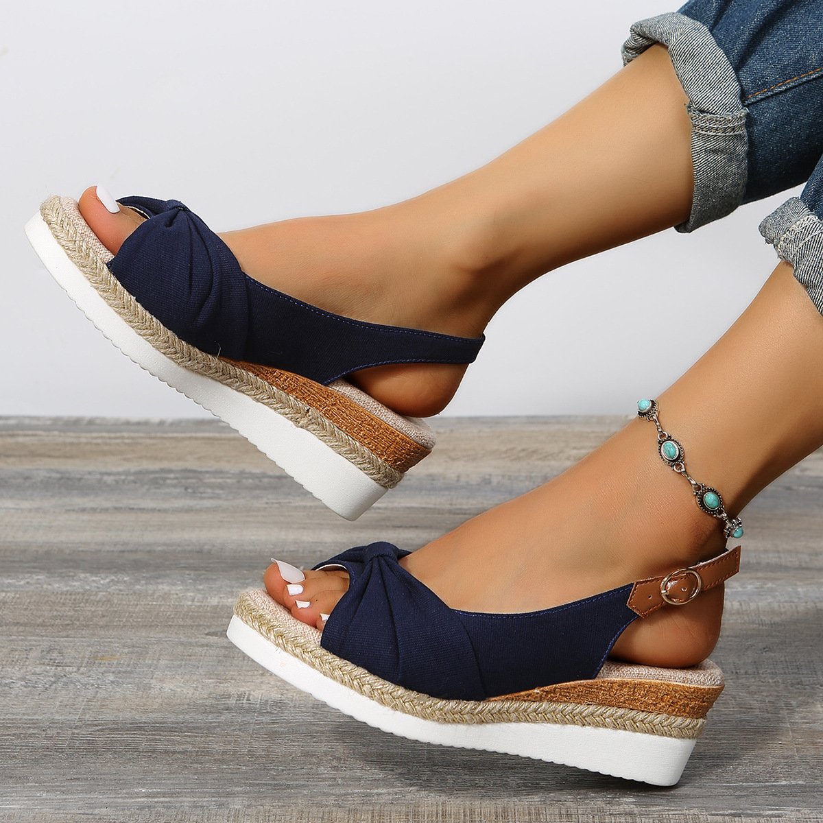 Rope Bow Wedge Sandals