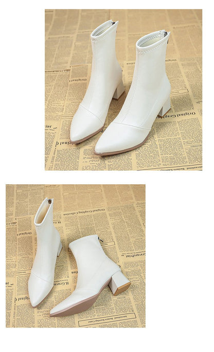 Pointed toe chunky heel short fashion boots