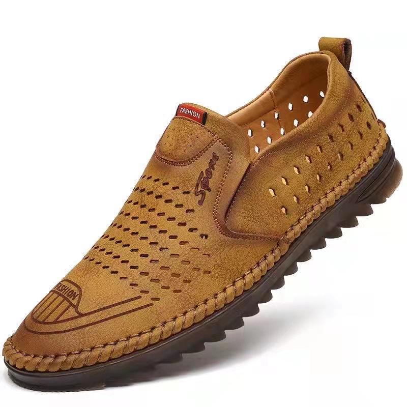 Trendy hollow breathable soft sole non-slip men's leather shoes