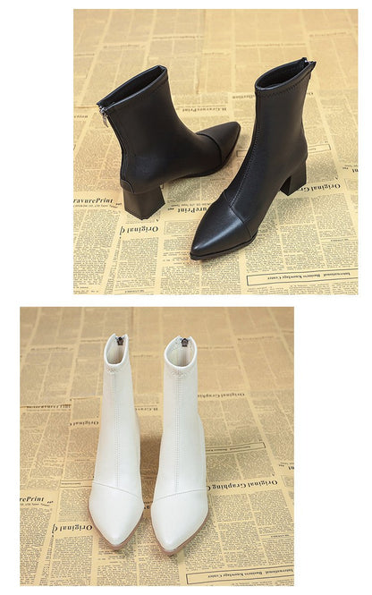 Pointed toe chunky heel short fashion boots