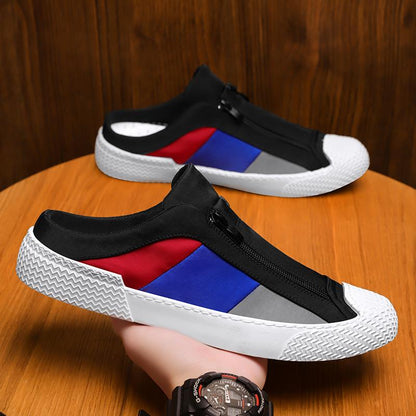 Stylish color-blocked slip-on non-slip half-heeled canvas shoes