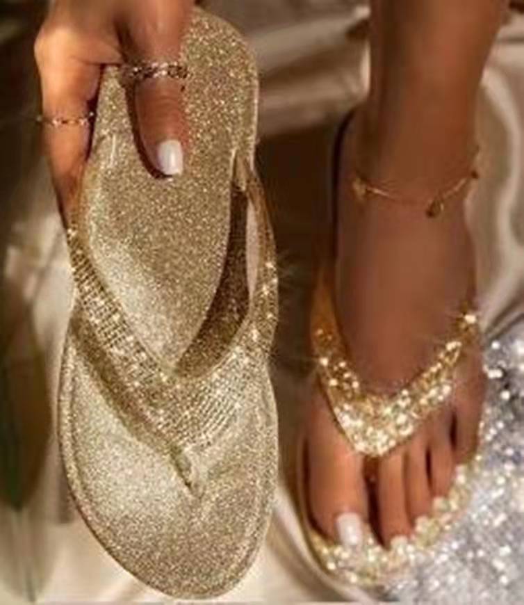 Summer Artificial Leather Rhinestone Seaside Slippers