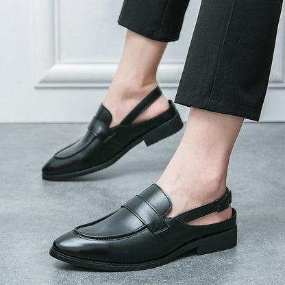 Trendy men's buckle square-toe loafer leather sandals