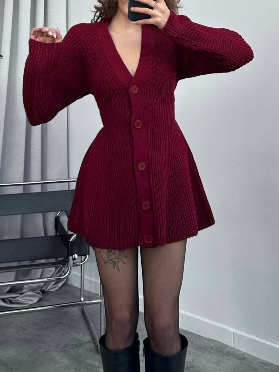 V Neck Button Up Knit Mini Dress