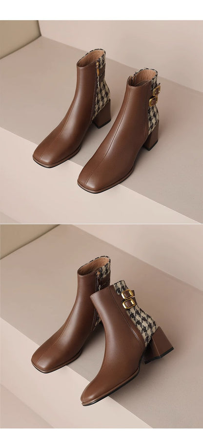 Retro Square Toe French Thousand Bird Check Chunky Heel Martin Boots Belt Buckle Temperament Ankle Boots