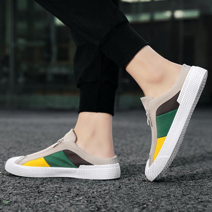 Stylish color-blocked slip-on non-slip half-heeled canvas shoes