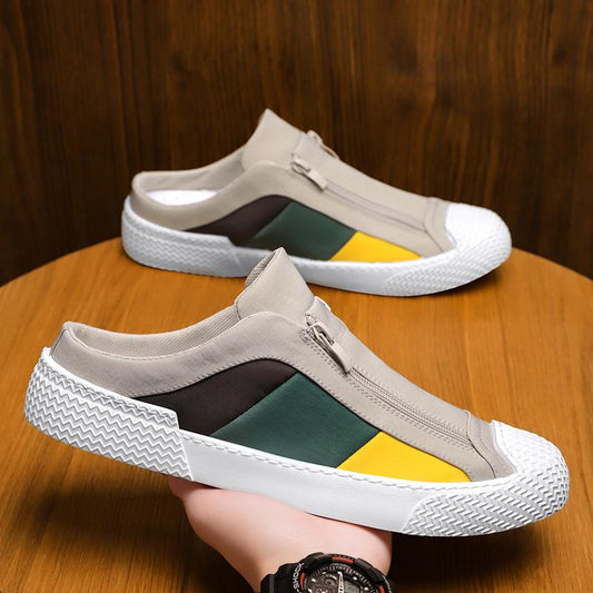 Stylish color-blocked slip-on non-slip half-heeled canvas shoes