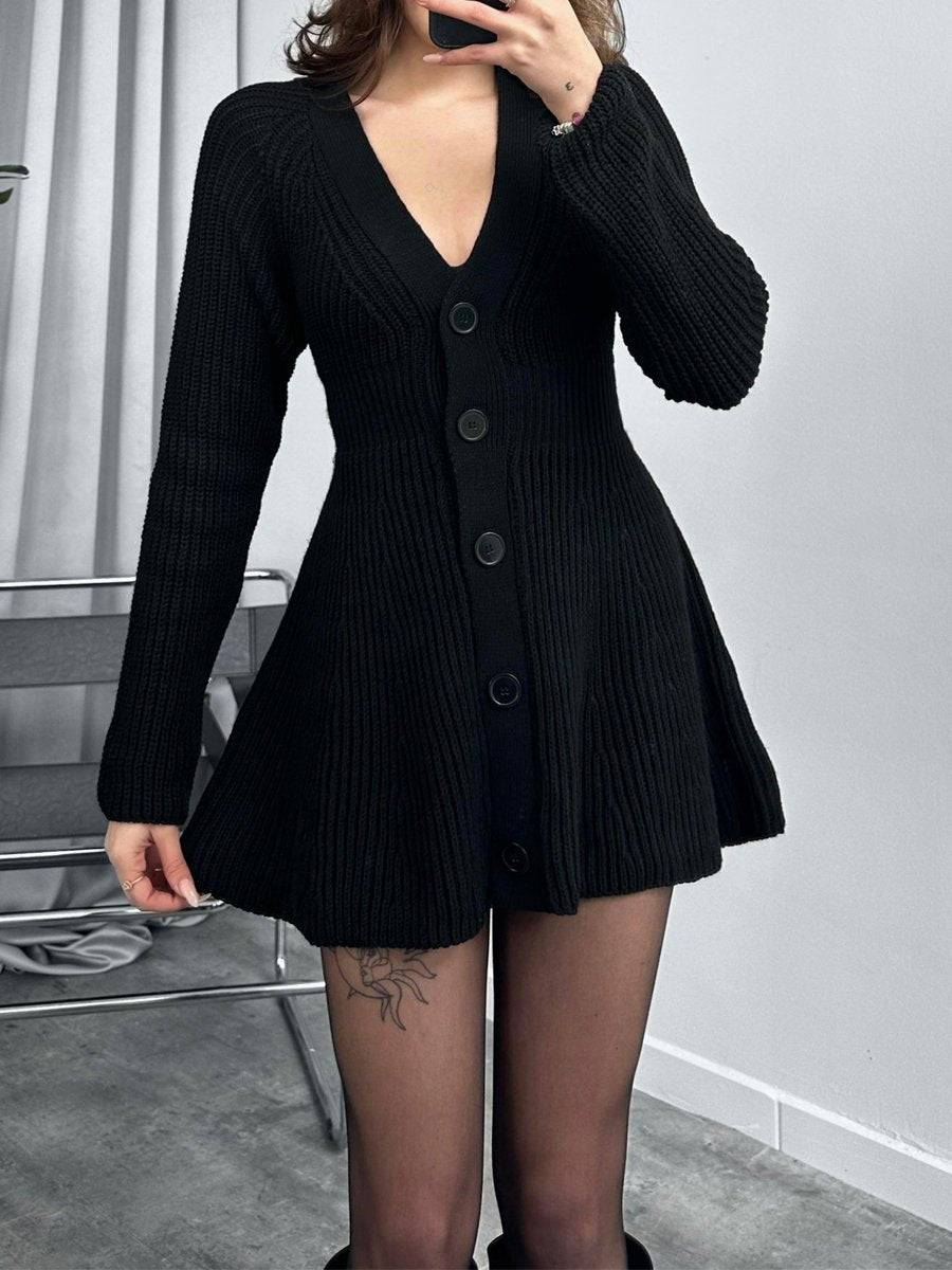 V Neck Button Up Knit Mini Dress