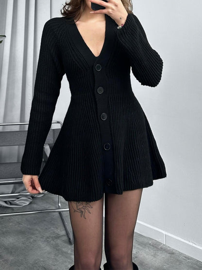 V Neck Button Up Knit Mini Dress