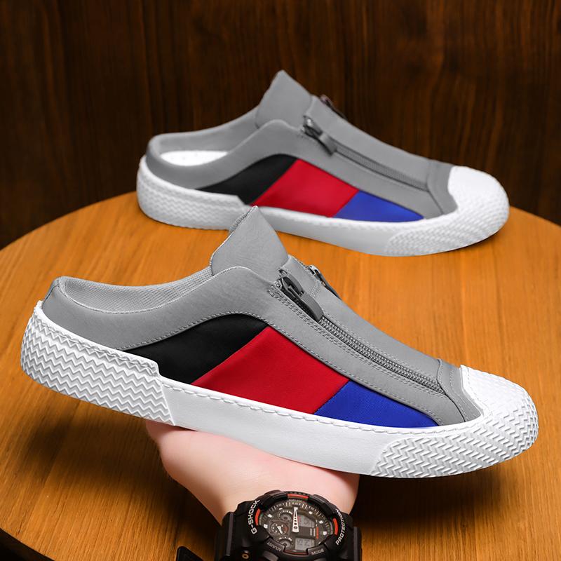 Stylish color-blocked slip-on non-slip half-heeled canvas shoes