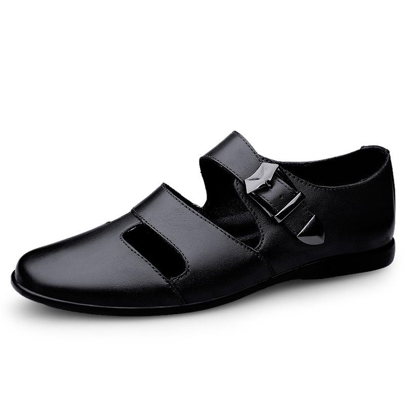 Trendy hollow breathable buckle men's casual leather sandals