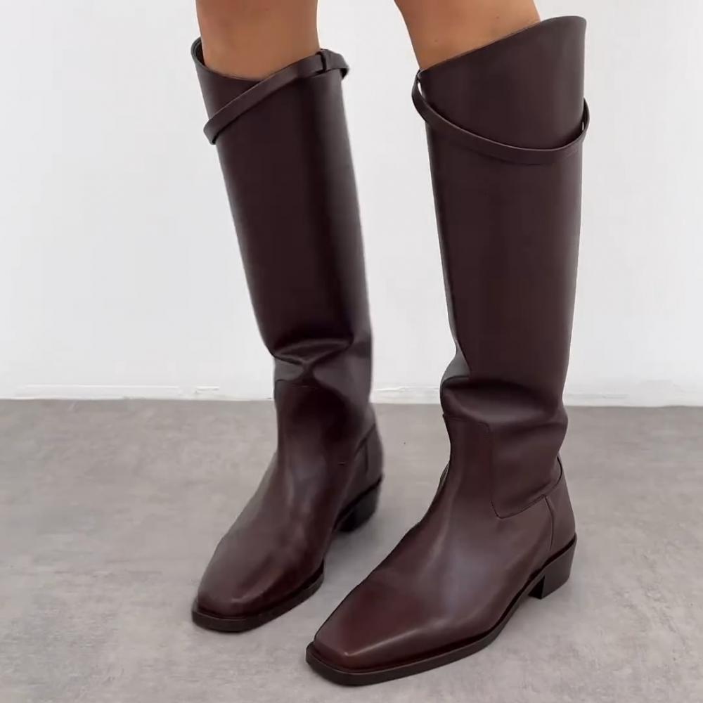 Basic Brown Belt Buckle Flat Square Toe Boots