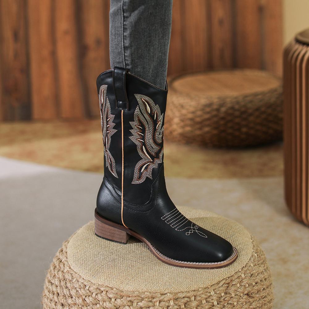 Western Cowboy Boots Embroidered Leather Mid Calf Rider Boots