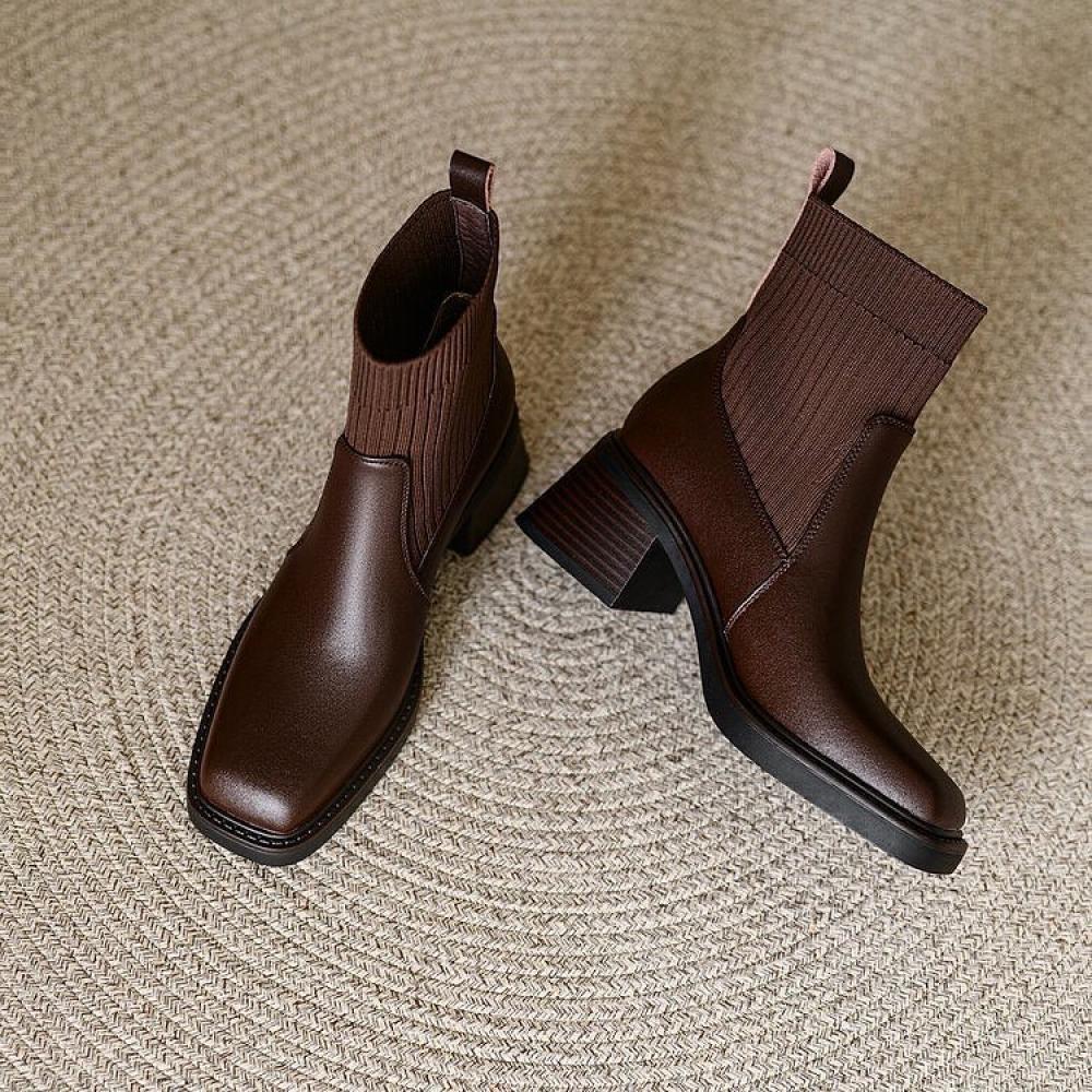 Temperament square toe knit upper mid-calf boots <Two Colors>