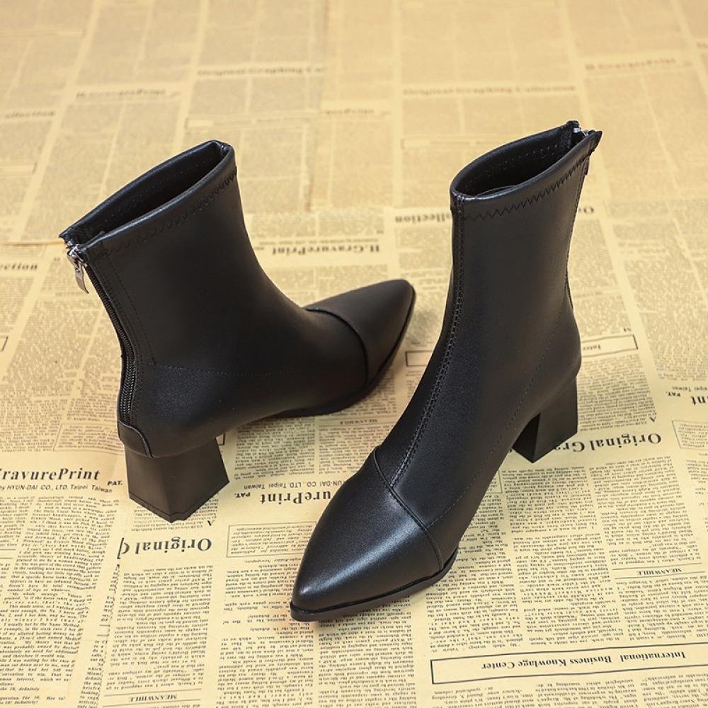 Pointed toe chunky heel short fashion boots