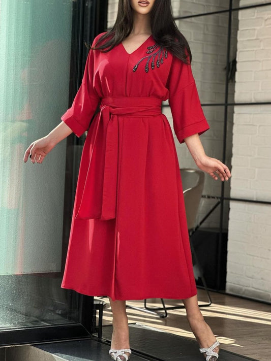 Temperament new long-sleeved diamond-encrusted red dress