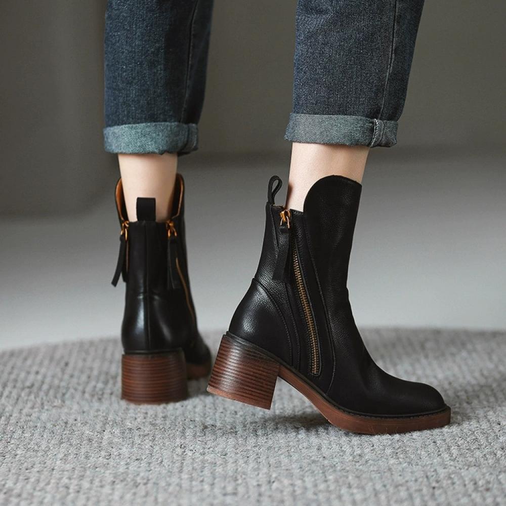 Shaped Zipper Chunky Heel Mid Calf Boots <Two colors>