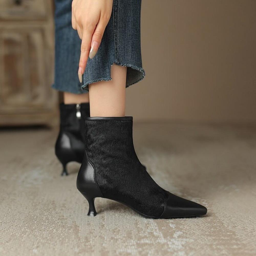 Temperament horse hair splicing pointed toe thin high heel boots<Three Colors>