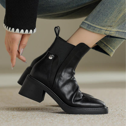 Casual Chunky Heel Square Toe Short Chelsea Boots French Small Short Boots