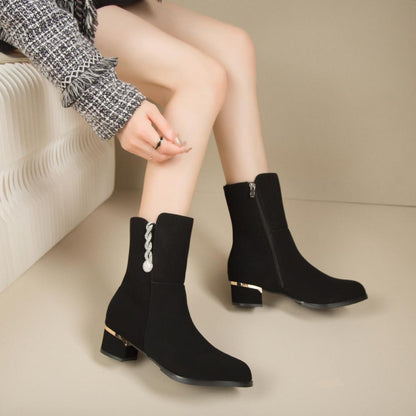 Fashion Boots Frosted Leather Short Boots Rhinestone Side Zipper Mid Heel Boots