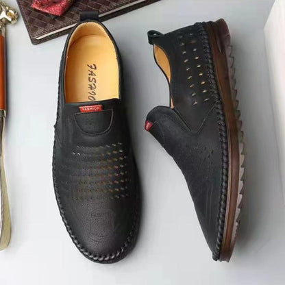 Trendy hollow breathable soft sole non-slip men's leather shoes