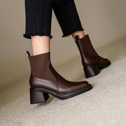 Temperament square toe knit upper mid-calf boots <Two Colors>