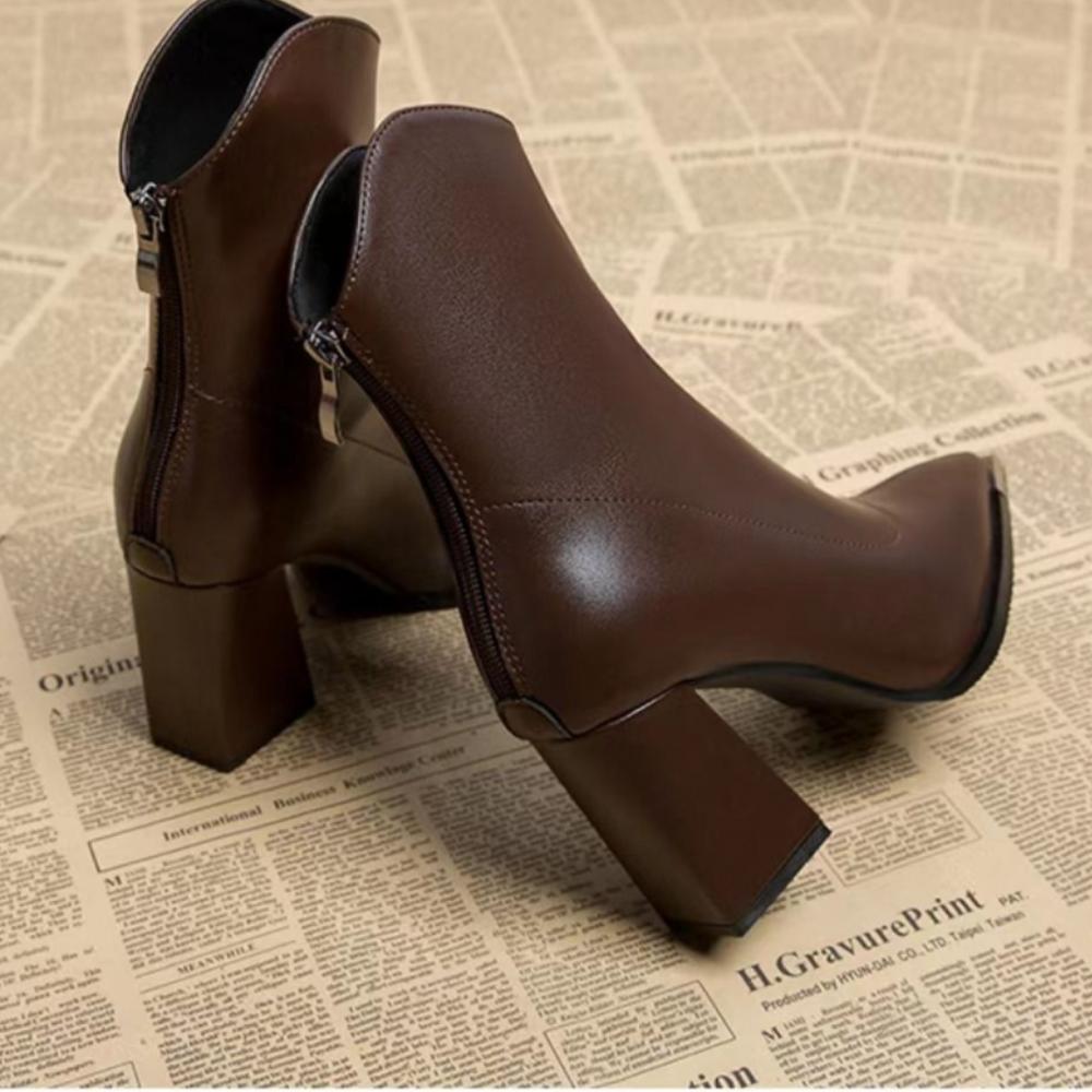 Pointed Toe Chunky Heel Fashion Genuine Soft Leather High Heel French Ankle Boots