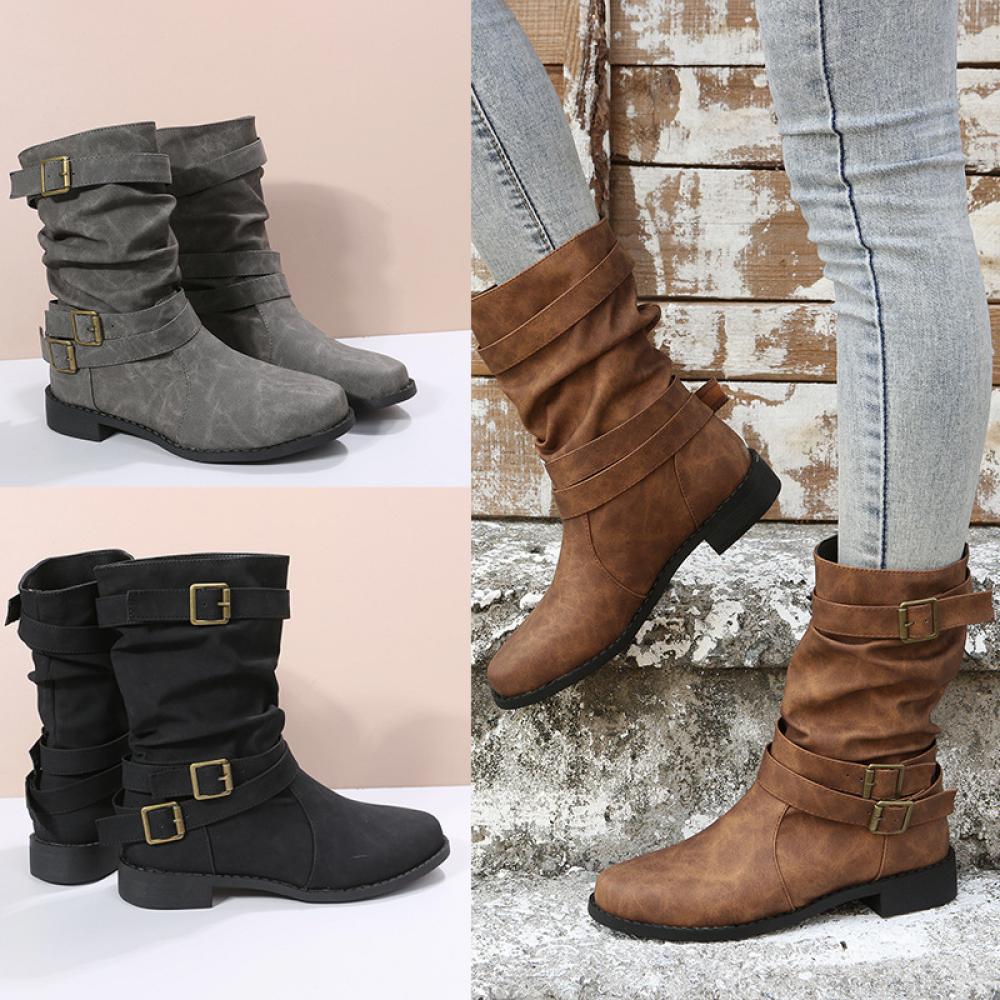 2023 Fall and Winter New Round Toe Flat Smoke Boots  <Three colors> ⏰(New products on sale）