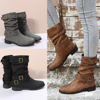 2023 Fall and Winter New Round Toe Flat Smoke Boots  <Three colors> ⏰(New products on sale）