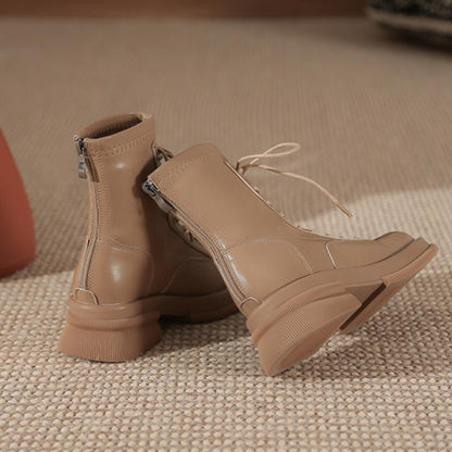 Thick Sole Chunky Heel Back Zipper Lace Up Boots<Three colors>