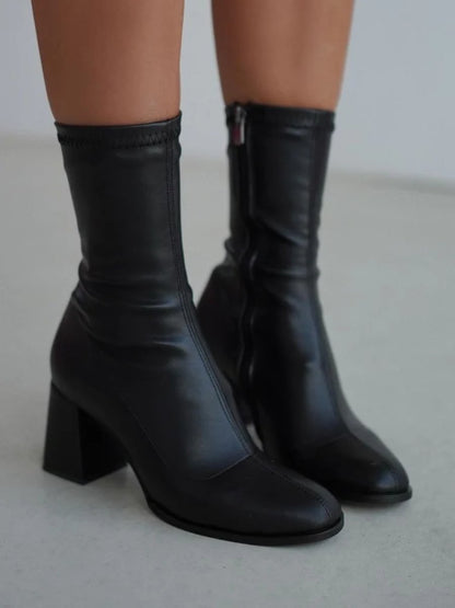 Simple Black Stretch Mid Calf Boots