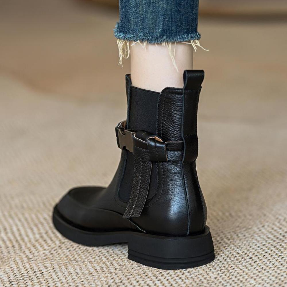 Retro Leather Thick Bottom Chunky Heel Elastic Short Round Head Mid Heel Short Boots