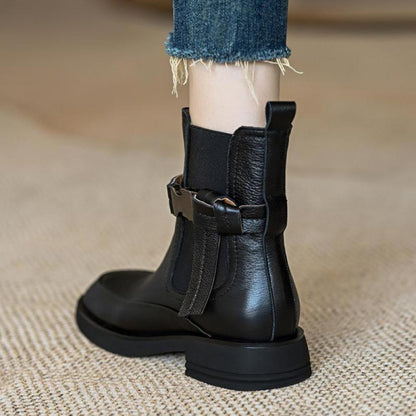 Retro Leather Thick Bottom Chunky Heel Elastic Short Round Head Mid Heel Short Boots