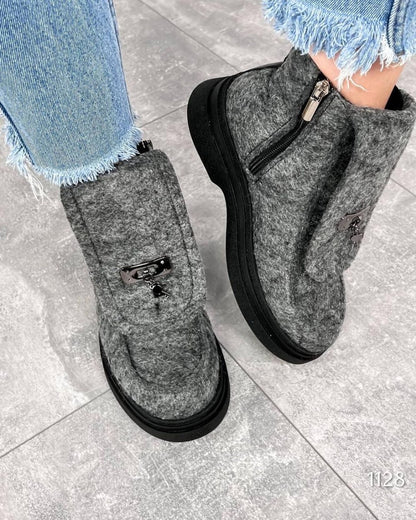 Designer tweed side-opening zipper boots